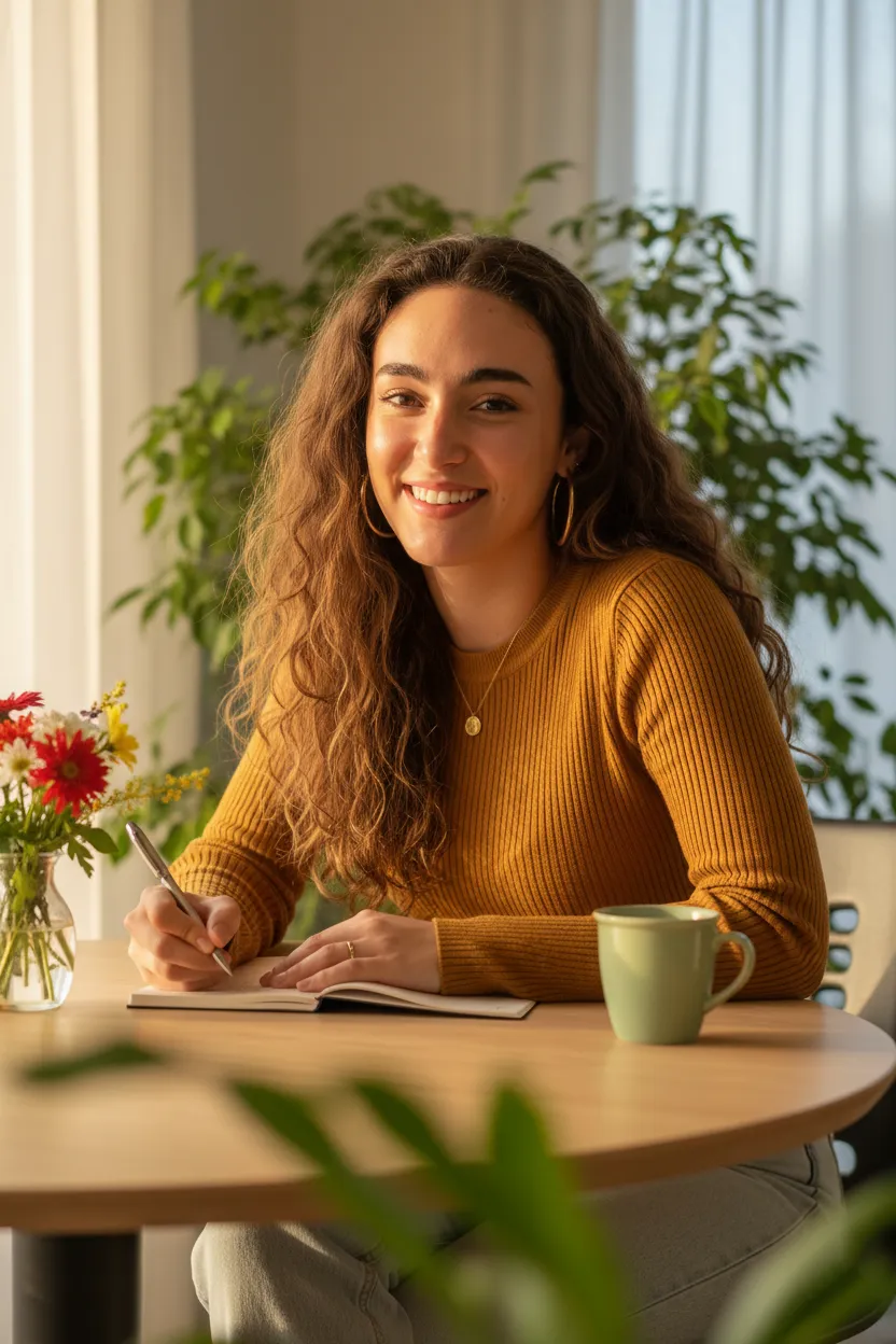 Psicóloga a sorrir enquanto escreve no portátil