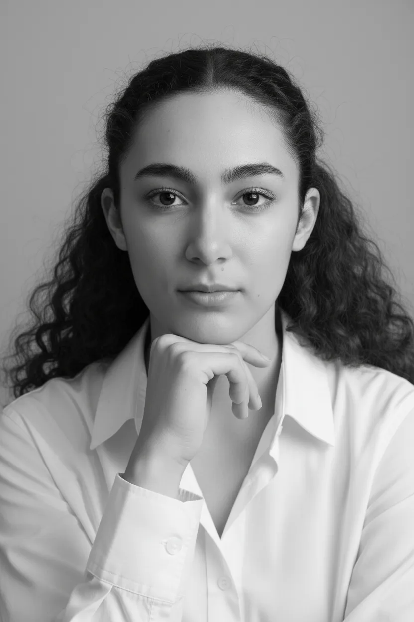 Retrato profissional da psicóloga, em preto e branco