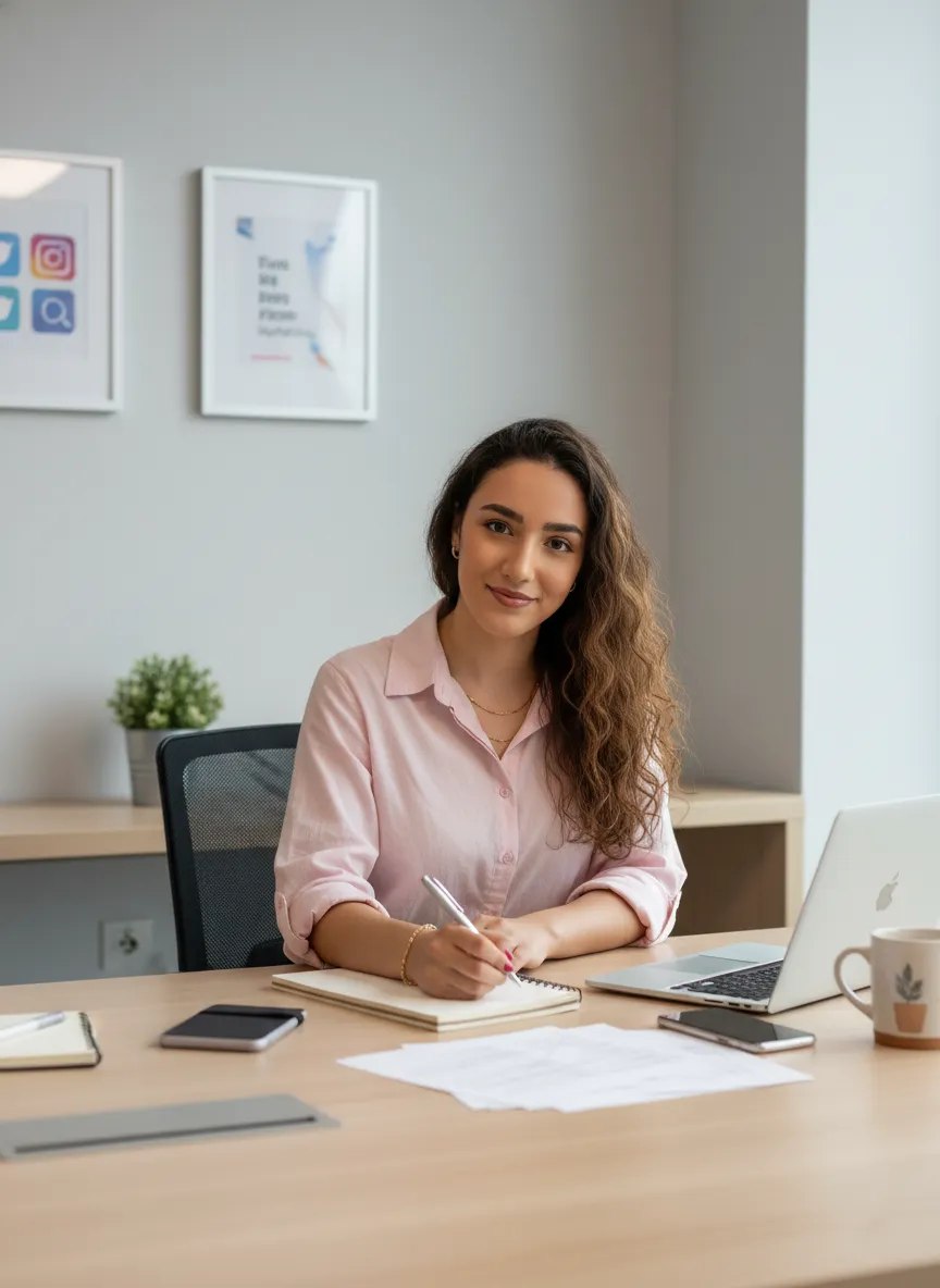 Psicóloga sentada à secretária com documentos de estudo