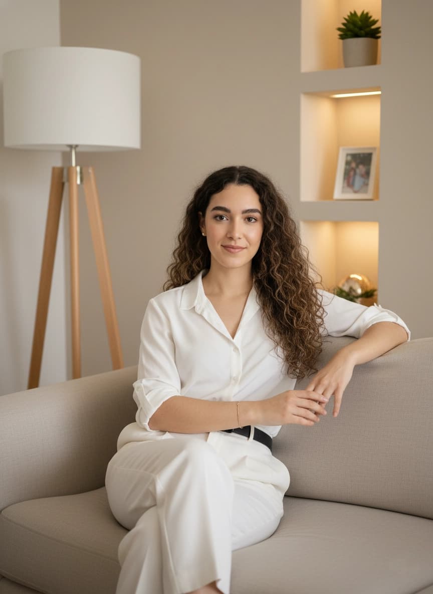 Retrato profissional da Nádia Baptista em ambiente clínico iluminado, transmitindo serenidade e confiança