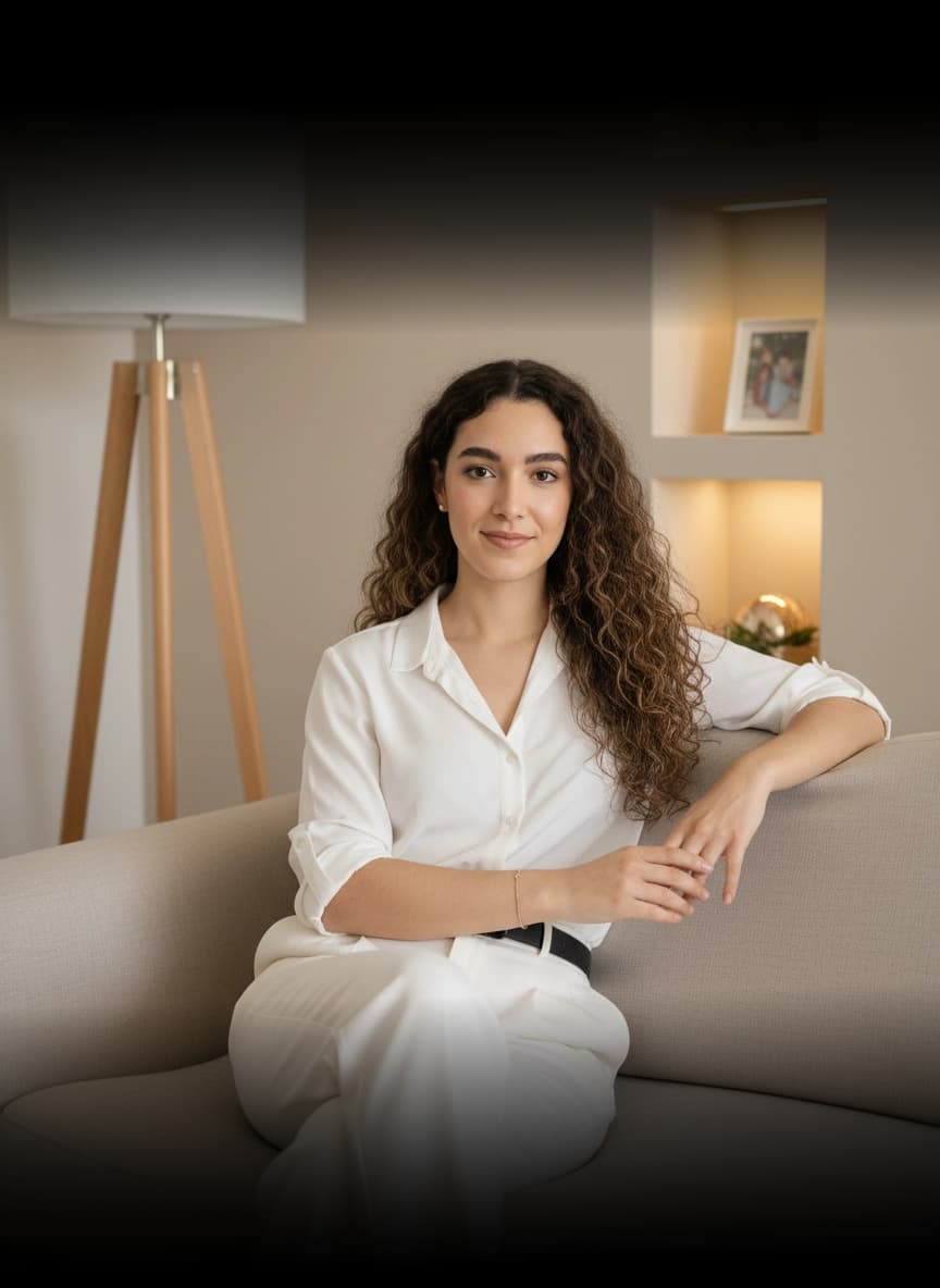 Retrato profissional da Nádia Baptista em ambiente clínico iluminado, transmitindo serenidade e confiança